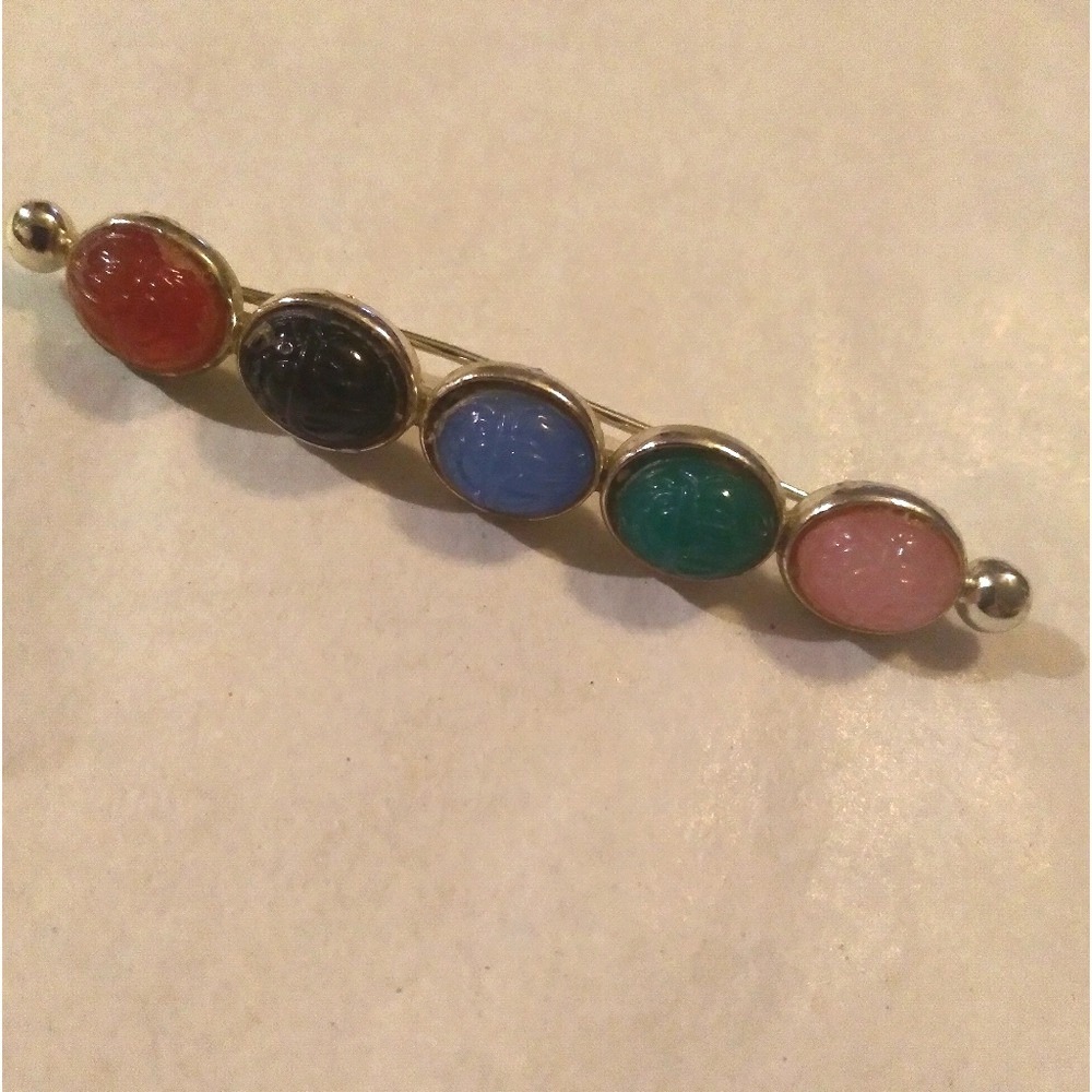 Vintage Multi Color Scarab Bar Brooch Gold Tone Egyptian Revival Beetle‎ Pin - Picture 2 of 4